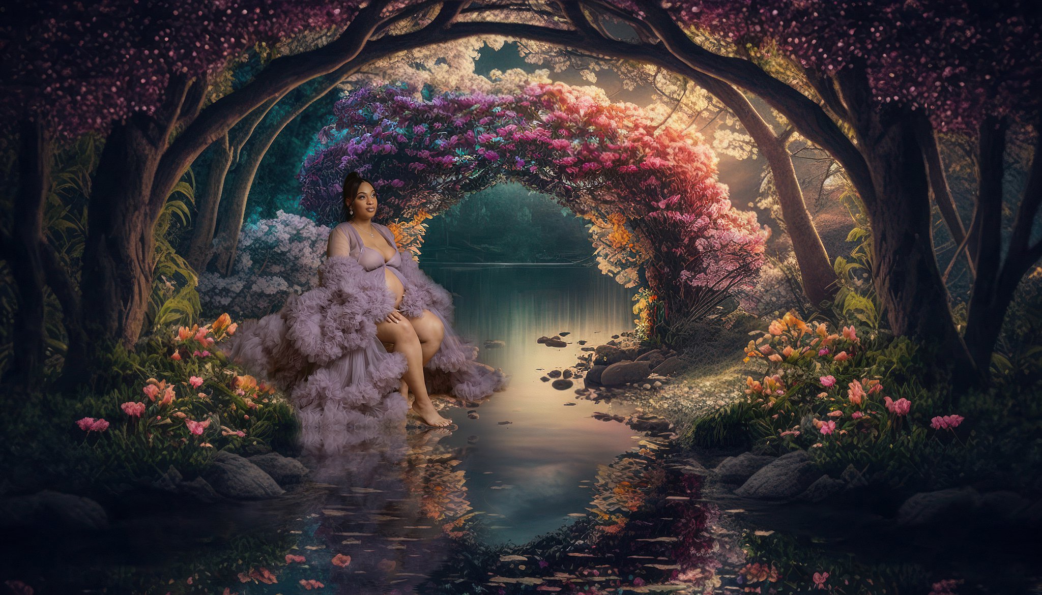 A mother to be sits on a river's edge under a pink floral arch in a purple tule dress Amani Women’s Wellness