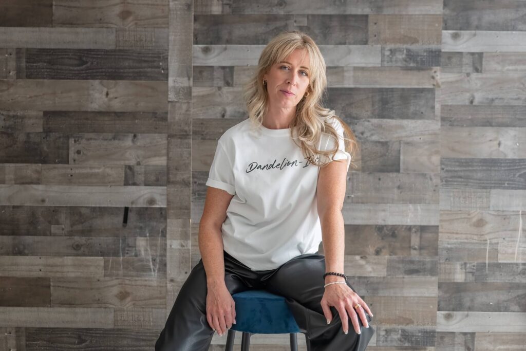 Small business owner wearing her branded shirt during a Northeast Ohio personal branding photo session